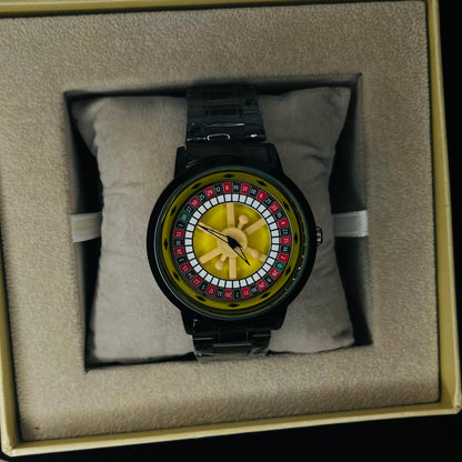 Casino Roulette Men’s Watch – Yellow Dial | Rotating Dial Stainless Steel