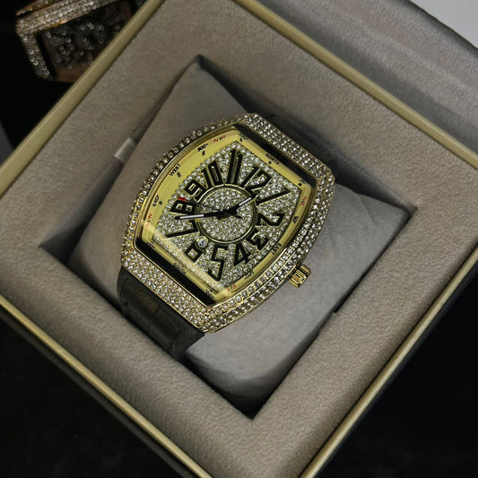 Franck Muller Iced Gold Dial Luxury Men’s Watch – with Black Hybrid Strap