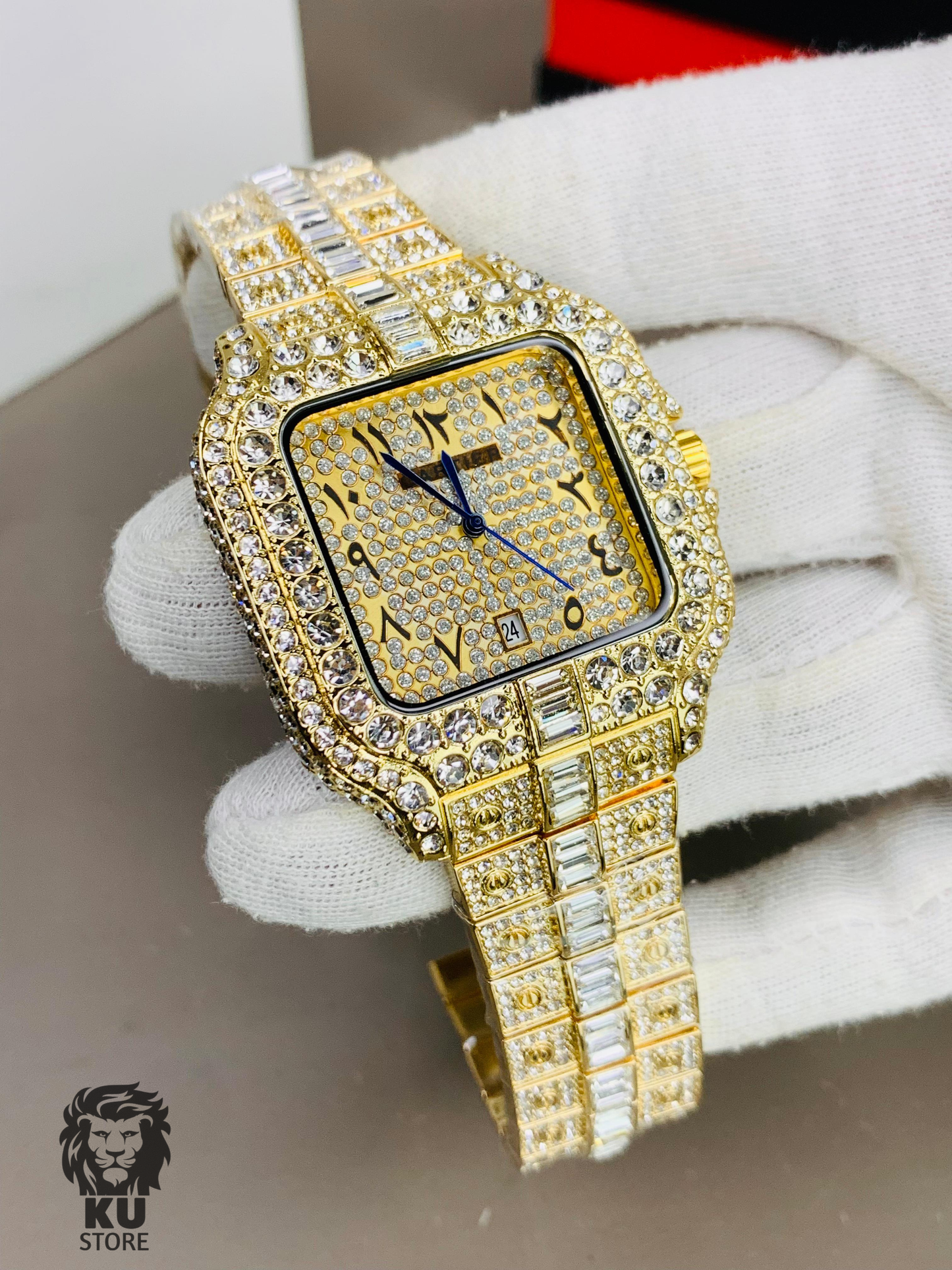 Cartier Full Stone Ice out Gold Dial Watch