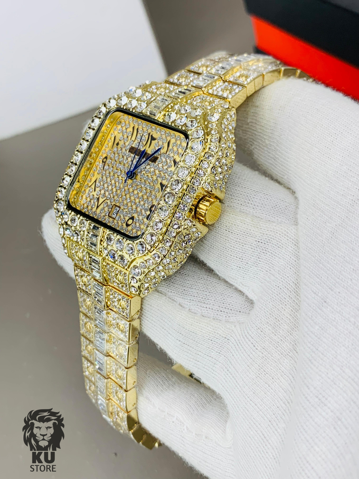 Cartier Full Stone Ice out Gold Dial Watch