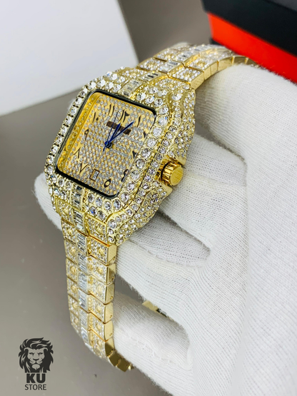 Cartier Full Stone Ice out Gold Dial Watch