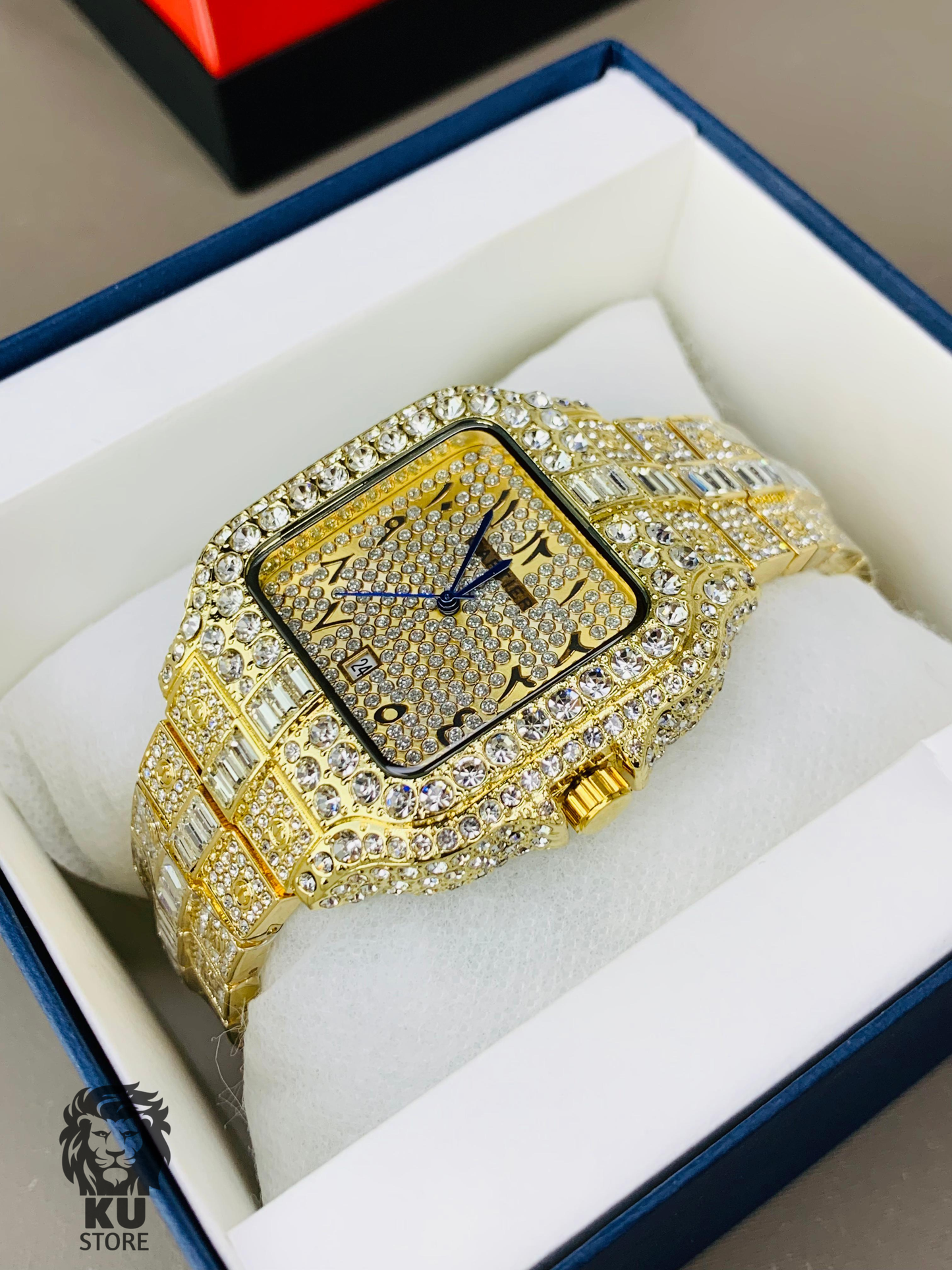 Cartier Full Stone Ice out Gold Dial Watch