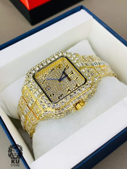 Cartier Full Stone Ice out Gold Dial Watch